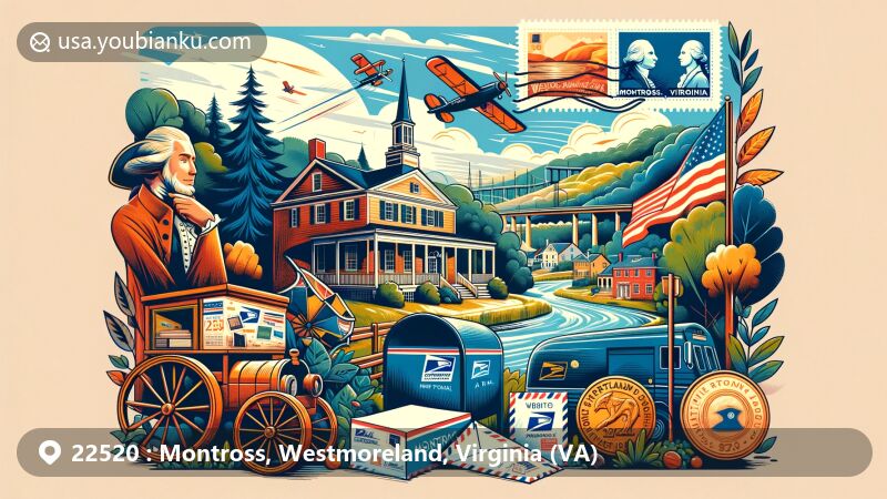 Modern illustration of Montross, Westmoreland County, Virginia, showcasing regional charm with ZIP code 22520, featuring landmarks near George Washington's birthplace and Westmoreland State Park.