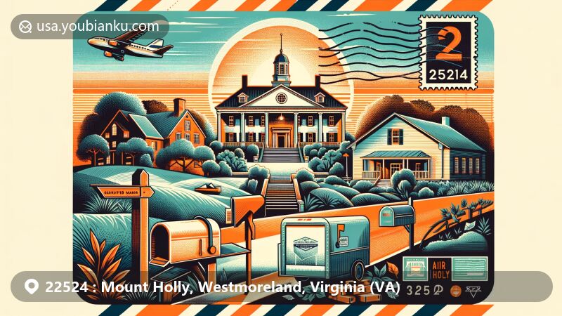 Modern illustration of Mount Holly, Westmoreland, Virginia, showing Bushfield Manor and Spring Grove with airmail envelope theme and ZIP code 22524, featuring postage stamp, postmark, mailbox, and mail truck.