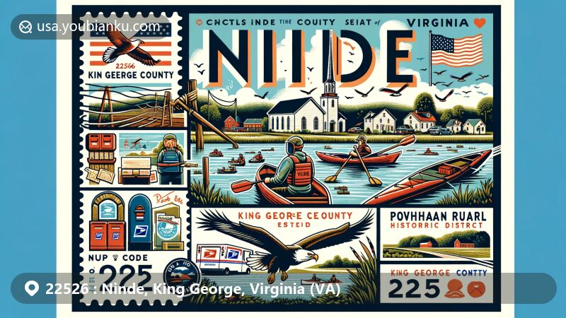 Modern illustration of Ninde, King George County, Virginia, highlighting ZIP code 22526, showcasing local landmarks like St. Paul's Church, the Powhatan Rural Historic District, and the Rappahannock and Potomac rivers, featuring activities such as kayaking and eagle watching.