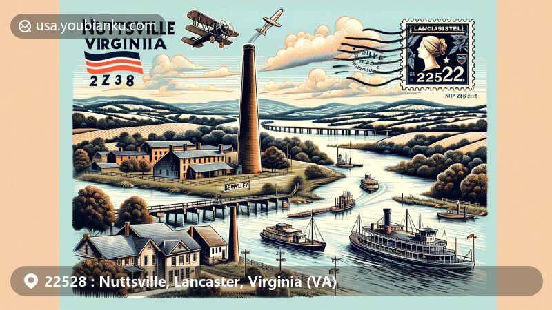 Modern illustration of Nuttsville, Virginia, in Lancaster County, emphasizing historical and geographical elements, featuring Bewdley's chimney as a symbol of resilience, and showcasing the county's unique landscape and postal theme with vintage air mail envelope and stamp.