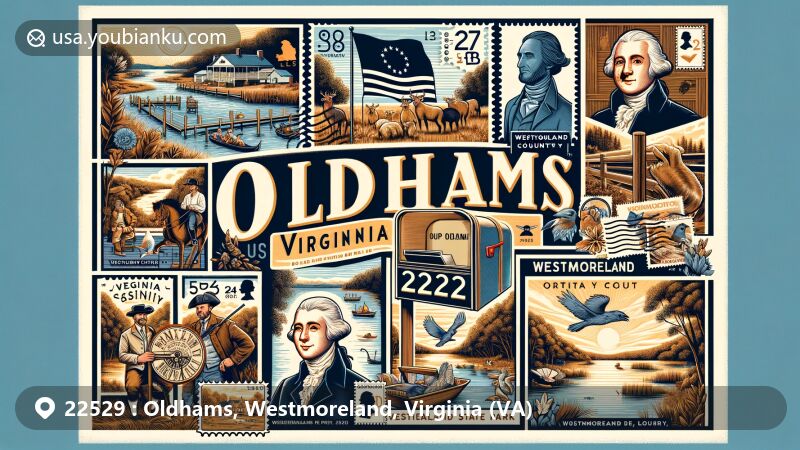 Modern illustration of Oldhams, Virginia, ZIP code 22529, featuring postcard-style design with historical figures like George Washington, James Monroe, and Robert E. Lee, and highlighting Westmoreland State Park.