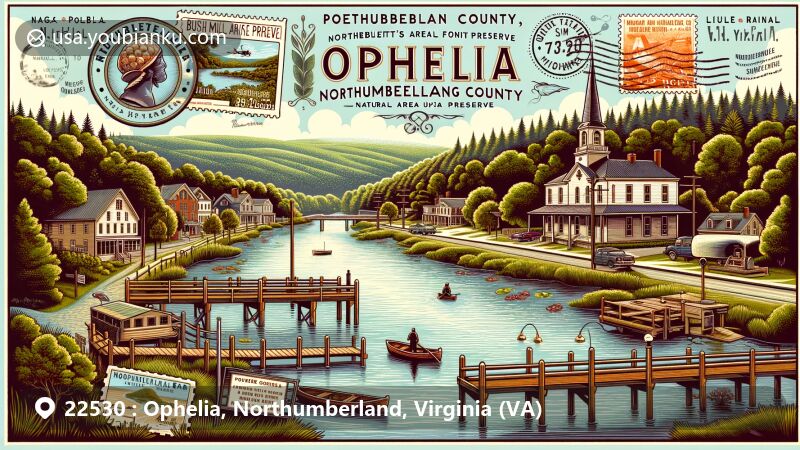 Modern illustration of Ophelia, Virginia, highlighting the peaceful Little Wicomico River, Reedville Fishermen's Museum, Bush Mill Stream Natural Area Preserve, and Rice's Hotel / Hughlett's Tavern, set in a vintage postcard theme with 'Ophelia, VA 22530' postmark.