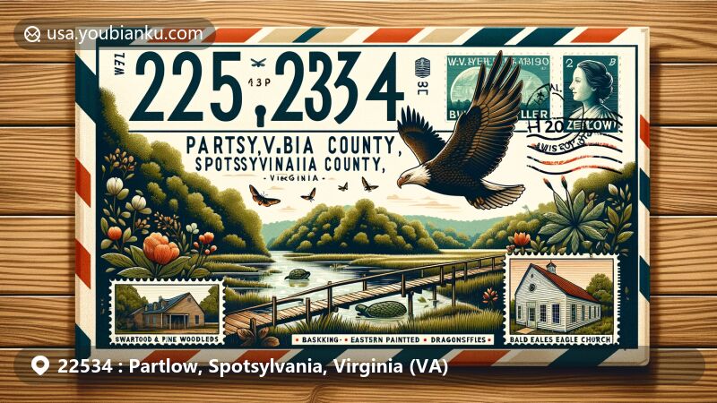Unique illustration portraying Partlow, Spotsylvania County, Virginia, integrating rural landscape with hardwood and pine woodlands, swampy pond teeming with eastern painted turtles and dragonflies, and sightings of bald eagles.