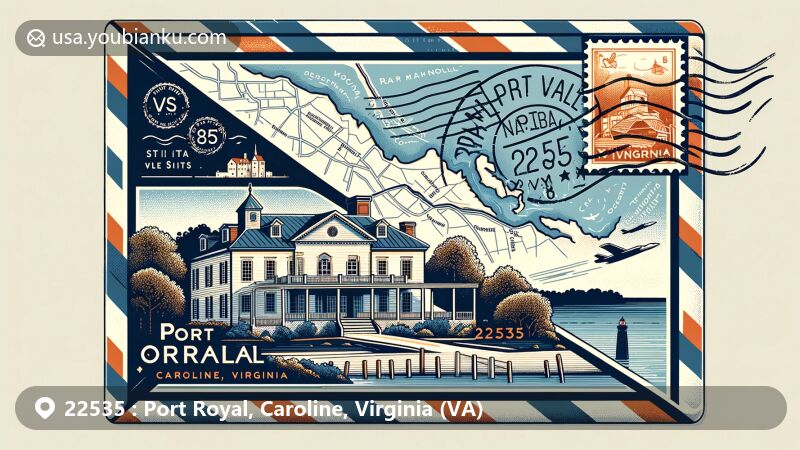 Modern illustration featuring airmail envelope with Port Royal, Virginia map outline, and iconic Camden Italian Villa-style house by Rappahannock River, showcasing Virginia state flag stamp and postmark with historical symbols.