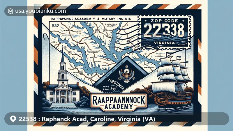 Vintage-style illustration of ZIP code 22538, Rappahannock Academy, Caroline County, Virginia, featuring airmail envelope with map outline, Rappahannock River, colonial-style church, and fictional postage stamp.
