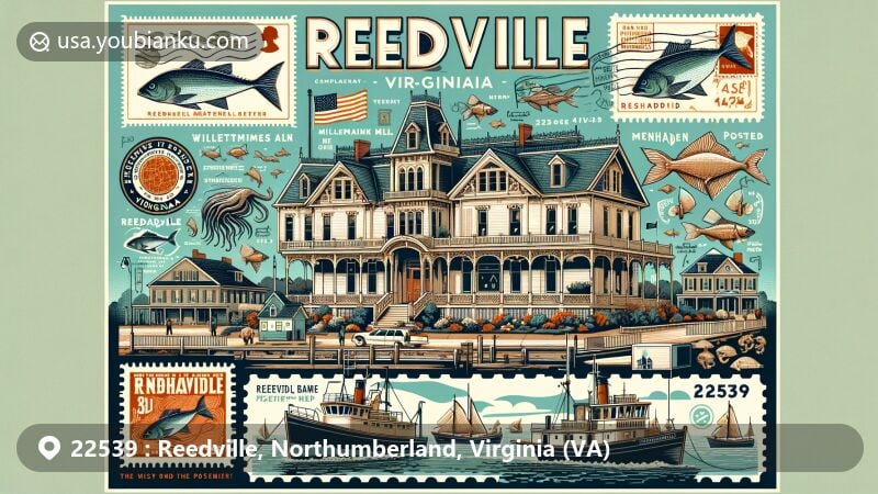 Modern illustration of Reedville, Virginia, capturing its rich fishing history, Victorian-era mansions on Millionaire's Row, menhaden fishing industry, and landmarks like Reedville Fisherman's Museum, with postal elements including airmail envelope border, vintage stamps, and ZIP code 22539.