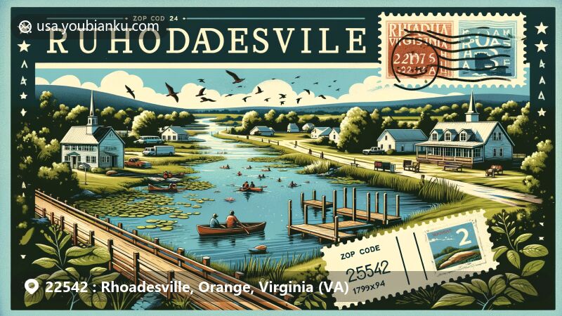 Modern illustration of Rhoadesville, Orange County, Virginia, featuring ZIP code 22542, showcasing small-town charm, outdoor activities like hiking and fishing, and rich history and culture.