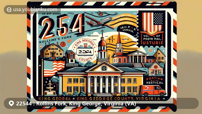 Modern illustration of Rollins Fork, King George County, Virginia, inspired by air mail envelope design and featuring iconic symbols like King George Courthouse, St. Paul's Church, Rokeby, and the Powhatan Rural Historic District.