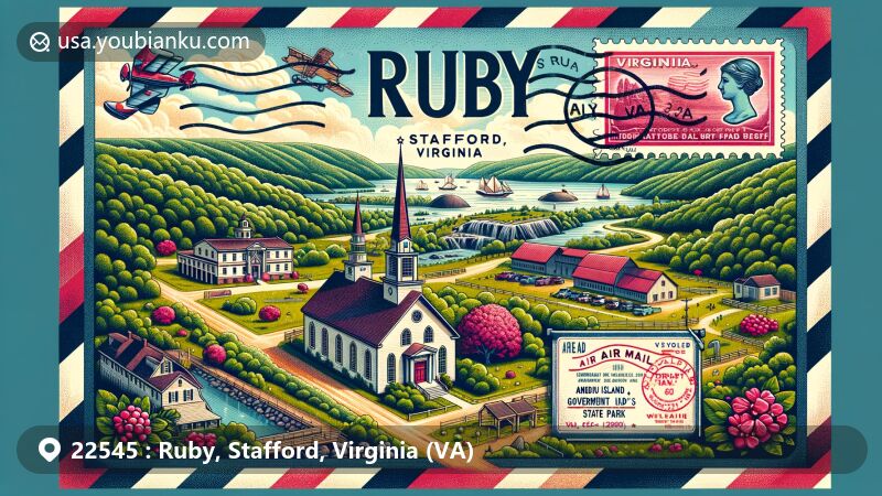 Modern illustration of Ruby, Stafford, Virginia, incorporating Aquia Church, Government Island quarry, and Widewater State Park in an airmail envelope border.