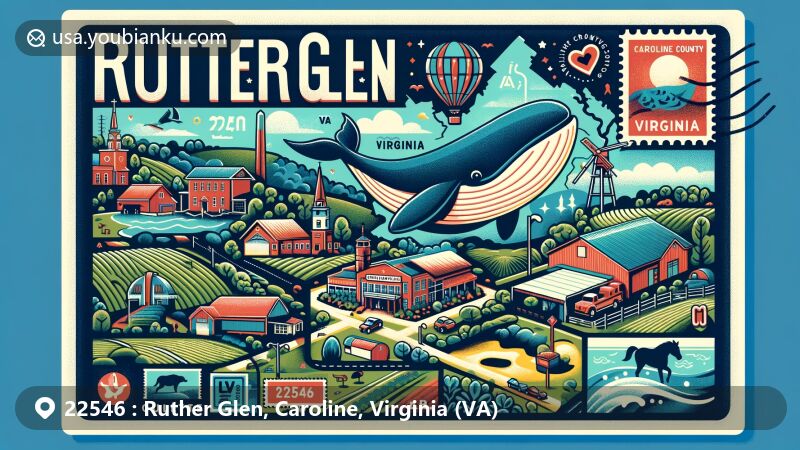 Modern illustration of Ruther Glen, Caroline County, Virginia, showcasing postal theme with ZIP code 22546, featuring Caroline County Visitor Center, agricultural scenes, golf courses, and postal elements.