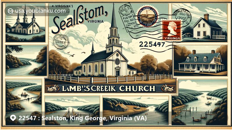 Modern illustration of Sealston, King George County, Virginia, featuring Lamb's Creek Church in Colonial style, set against the backdrop of Potomac and Rappahannock rivers defining the county's boundaries.