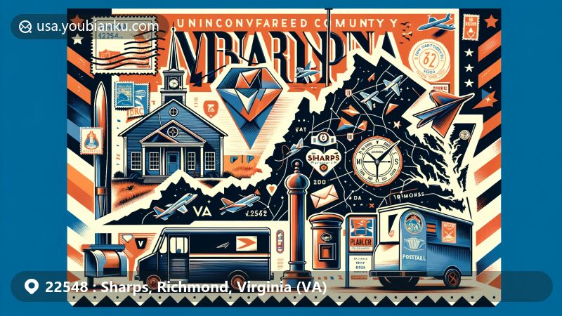 Creative illustration of Sharps, Richmond County, Virginia, featuring postal-themed design, state silhouette, and postal heritage symbols.