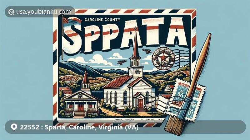 Modern illustration of Sparta, Caroline County, Virginia, highlighting unique natural and historical features with Salem Baptist Church, vintage postal elements, and Virginia state symbols.