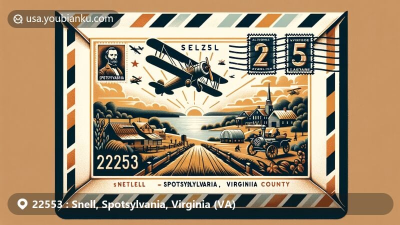 Modern illustration of Spotsylvania, Virginia, with postal theme showcasing ZIP code 22553, featuring Civil War history and rural landscapes, emphasizing Spotsylvania Battlefield and the natural beauty of Lake Anna.