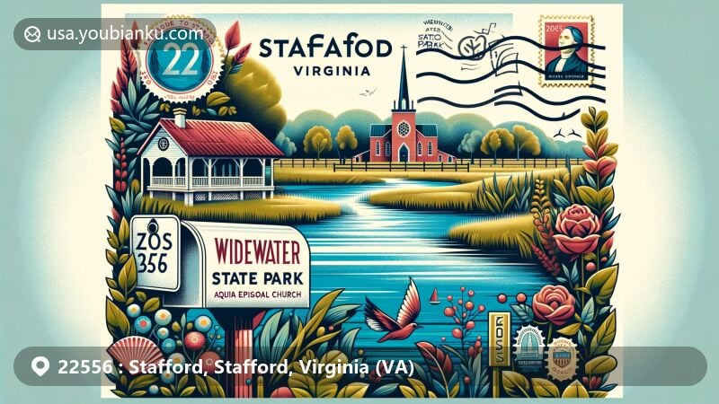 Artistic depiction of Stafford, Virginia area, showcasing Widewater State Park, Aquia Episcopal Church, and postal elements like mailboxes, postmarks, and stamps.