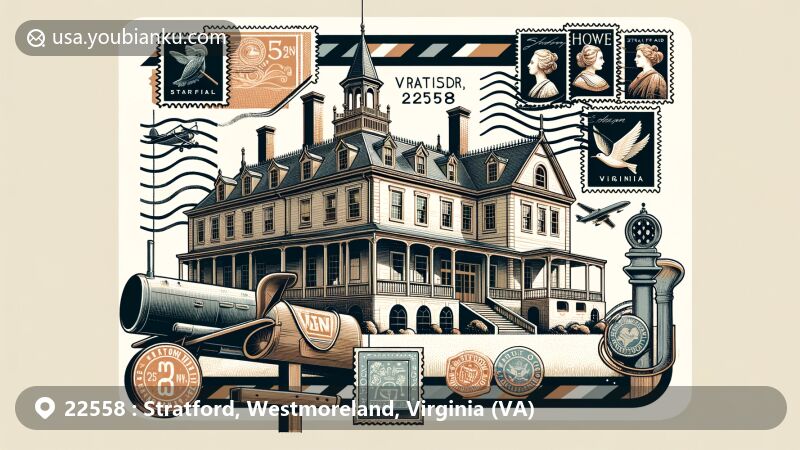Modern illustration of Stratford Hall, Stratford, Virginia, with postcard design, stamps, and postmarks, highlighting '22558' ZIP Code.