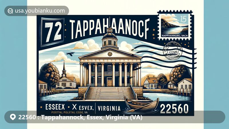 Modern illustration of the Tappahannock area in Essex County, Virginia, highlighting the iconic 1728 Court House with Greek Revival architecture and the picturesque Rappahannock River, symbolizing the town's location. Presented as an airmail envelope with a postal stamp featuring the courthouse or the river, prominently displaying the ZIP code 22560.