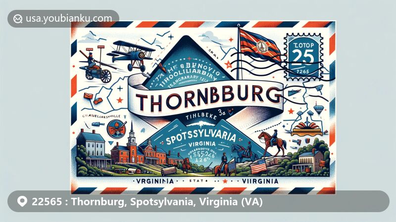 Modern illustration of Thornburg, Spotsylvania, Virginia, focusing on postal theme with ZIP code 22565, featuring Spotsylvania County outline, Civil War references, and Virginia state flag.