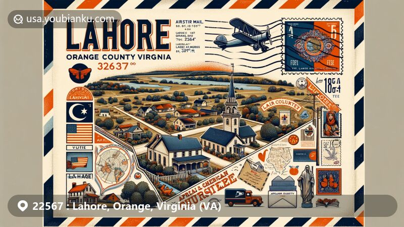 Modern illustration of Lahore, Orange County, Virginia, showcasing a vintage-style air mail envelope with rural charm, elevation of 364 feet, and coordinates (38.19889°N, 77.96833°W), honoring its African American church history and village origin.