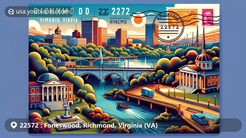 Modern illustration of Foneswood, Richmond, Virginia, showcasing postal theme with ZIP code 22572, featuring iconic landmarks like the Virginia Museum of Fine Arts, Maymont, Hollywood Cemetery, and Belle Isle.