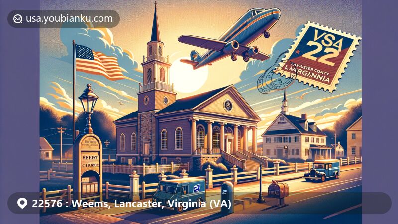 Modern illustration of Christ Church in Weems, Lancaster County, Virginia, showcasing postal theme with ZIP code 22576, featuring classic postal airplane, Virginia state flag, vintage mailboxes, and post van.