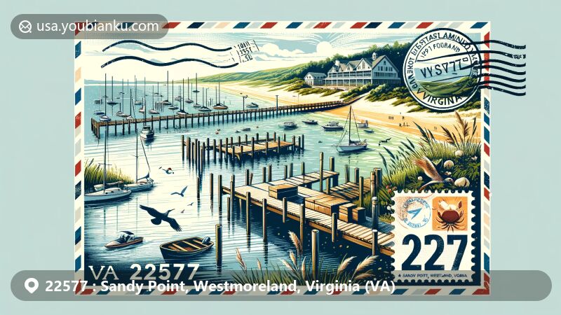 Modern illustration of Sandy Point, Westmoreland County, Virginia, highlighting maritime charm with Sandy Point Marina, Sandy Point Beach, wooden dock, boats, bird sanctuary, greenery, and postal theme with ZIP code 22577.