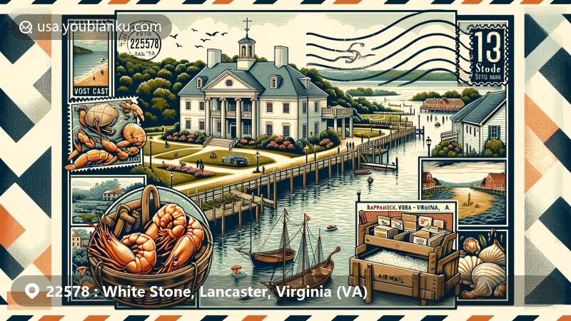 Modern illustration of White Stone, Lancaster, Virginia, representing ZIP code 22578, featuring Pop Castle and Rappahannock River, capturing the town's connection to water and local life, with a postal theme showcasing fresh seafood and local art.