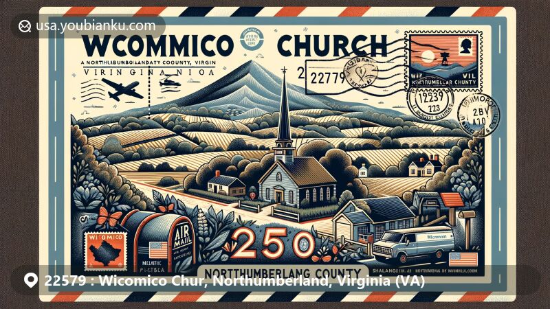 Modern illustration of Wicomico Church area, Northumberland County, Virginia, with airmail envelope design featuring Northumberland County outline and Shalango, blending natural landscapes and rural elements, showcasing 22579 postal code and classic postal culture elements.