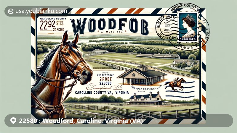 Modern illustration of Woodford, Caroline County, Virginia, highlighting ZIP code 22580 with vintage air mail envelope encompassing Meadow Event Park and Queen Caroline of Ansbach, emphasizing county's horse racing heritage and natural landscapes.