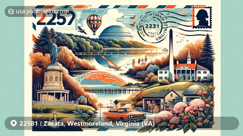 Modern illustration of Zacata, Westmoreland County, Virginia, capturing the essence of ZIP code 22581 with iconic landmarks like the George Washington Birthplace National Monument, Westmoreland State Park, and Stratford Hall, set against the picturesque rural backdrop of the Northern Neck area.