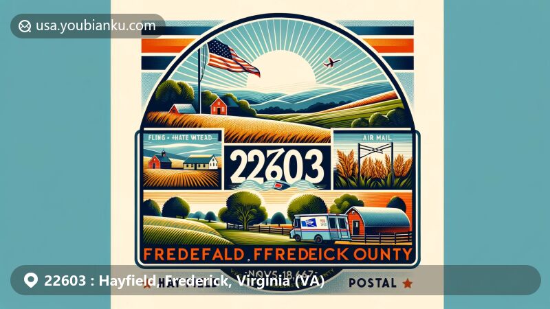 Modern illustration of Hulmeville, Hayfield area, Frederick County, Virginia, representing postal theme with ZIP code 22603, featuring rolling hills, farmlands, vintage post office, and elements of Virginia state flag and Frederick County silhouette.