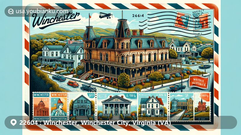 Modern illustration of Winchester Historic District and Patsy Cline Historic House in Winchester, Virginia, featuring a creative postcard design with vintage airmail envelope border and stamps depicting iconic buildings and landscapes, showcasing architectural diversity and rich cultural heritage.
