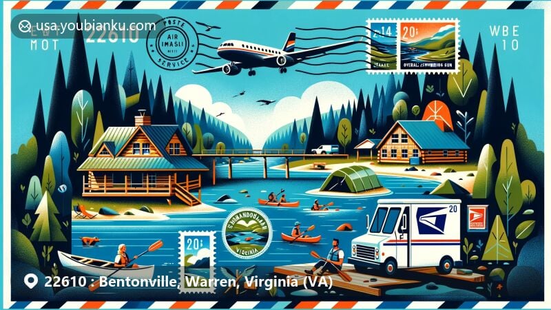 Modern illustration of Bentonville, Virginia in Warren County, ZIP code 22610, highlighting Shenandoah River State Park, cabins, river, kayaking, Overall Run Swimming Hole. Features postal elements with air mail envelope, stamps of landmarks, postal truck, mailbox.