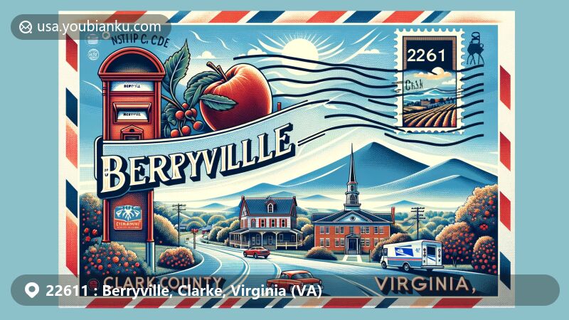 Modern illustration of Berryville, Clarke County, Virginia, featuring postal theme with ZIP code 22611, showcasing historic Main Street, Shenandoah Valley scenery, Blue Ridge Mountains, Virginia state flag, Clarke County outline, apple orchard symbol, Clarke County Fair image, stamps, postal mark with '22611 Berryville, VA,' and red mailbox.