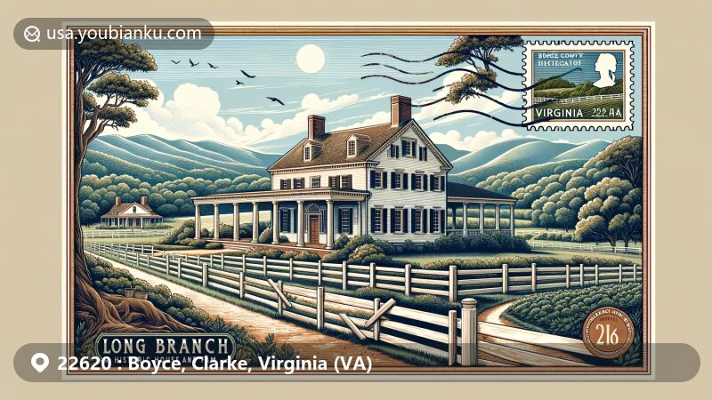Modern illustration of Boyce, Clarke, Virginia (VA), showcasing Long Branch Historic House and Farm with ZIP code 22620, featuring Blue Ridge Mountains backdrop and vintage postal elements.