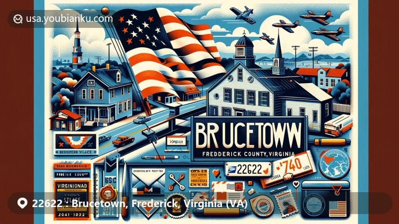 Modern illustration of Brucetown, Frederick County, Virginia, featuring Virginia state flag and historic village marker, blending with postal symbols like vintage post office, envelope, and stamp, showcasing ZIP code 22622.