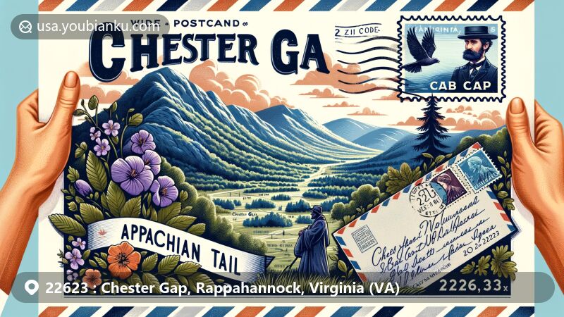 Modern illustration of Chester Gap, Virginia, showcasing postal theme with ZIP code 22623, integrating Blue Ridge Mountains and Appalachian Trail, highlighting area's beauty and historical significance.