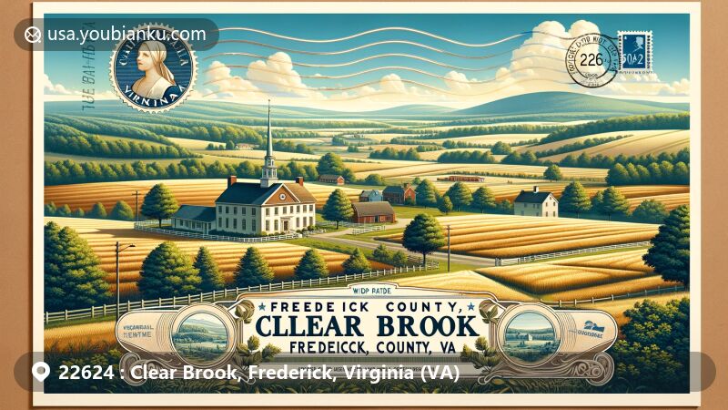 Modern illustration of Clear Brook community in Frederick County, Virginia, highlighting agricultural heritage and serene landscapes, featuring Hopewell Friends Meeting House, rolling hills, vintage air mail envelope with Virginia state flag stamp, ZIP code 22624, and elegant text.