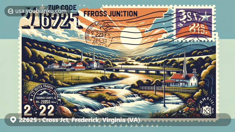 Modern illustration of Cross Junction, Frederick County, Virginia, featuring scenic view, historical Shawnee tribal significance, and postal elements with vintage postcard format and ZIP Code 22625 stamp.