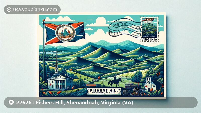 Modern illustration of Fishers Hill, Shenandoah, Virginia, featuring iconic natural landscapes and a contemporary postcard design with the Virginia state flag and representative postage stamp for ZIP code 22626.