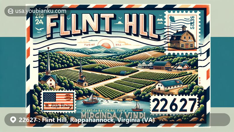 Modern illustration of Flint Hill, Rappahannock County, Virginia, capturing the scenic landscape and agricultural beauty, with proximity to Shenandoah National Park and Muchas Uvas Winery, designed as a postcard with postal theme and ZIP Code 22627.