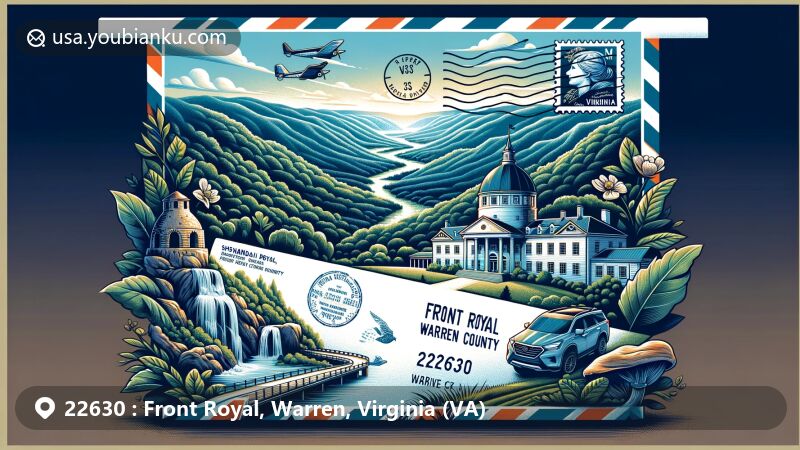 Modern illustration of Front Royal, Warren County, Virginia, showcasing airmail envelope with ZIP code 22630, featuring Shenandoah National Park, Skyline Drive, Luray Caverns, and Skyline Caverns against the backdrop of Blue Ridge Mountains and Shenandoah Valley.