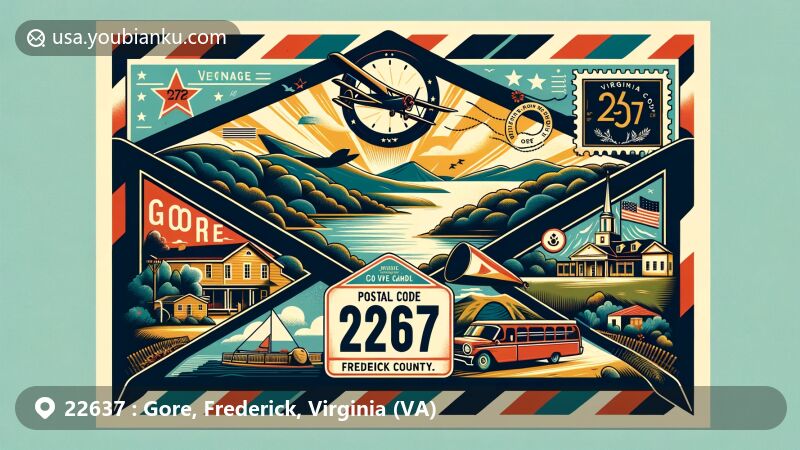 Modern illustration of Gore, Frederick County, Virginia, featuring vintage air mail envelope, The Cove Campground, Willa Cather Birthplace, Virginia map, state flag, and ZIP code 22637.