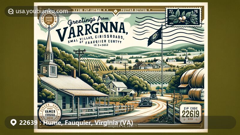 Modern illustration of Hume, Fauquier County, Virginia, showcasing historical charm and rural beauty with elements like Barbee's Crossroads, local winery, and Virginia state symbols.