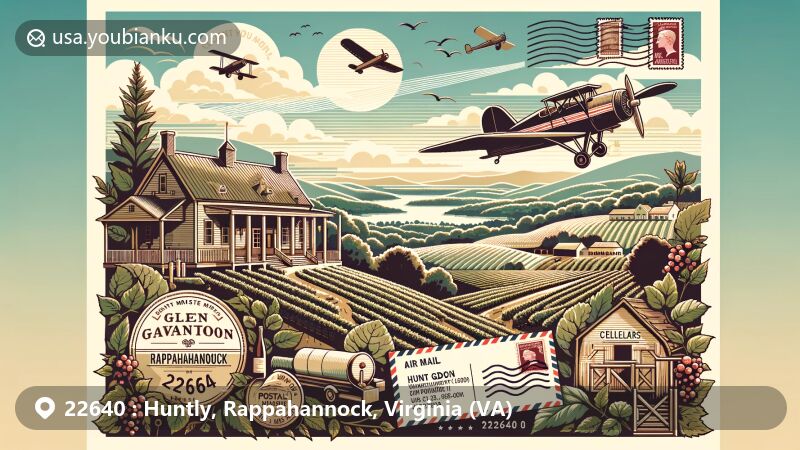 Modern illustration of Huntly, Virginia, featuring Glen Gordon Manor, Rappahannock Cellars, and postal elements like air mail envelope, stamps, and postmark with ZIP code 22640.