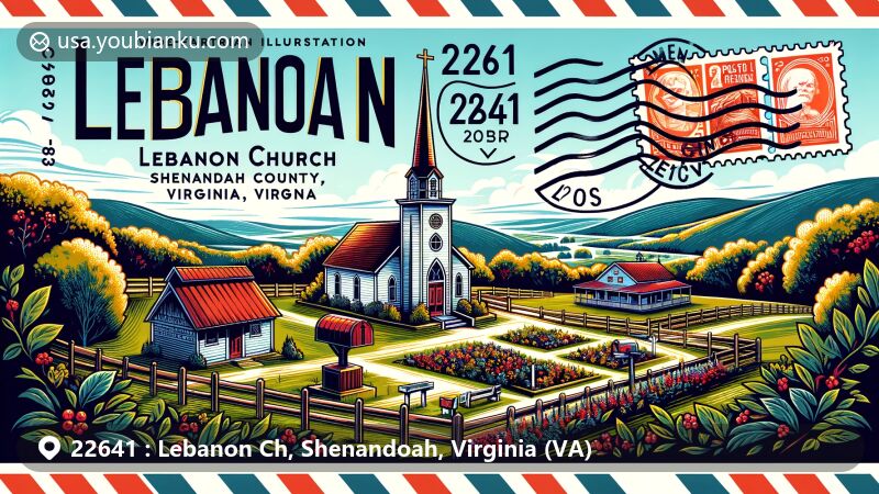 Modern illustration of Lebanon Church, Shenandoah County, Virginia, highlighting ZIP code 22641, showcasing local landmarks, cultural symbols, and scenic beauty of Shenandoah.
