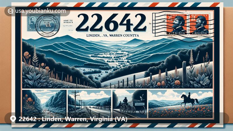 Modern illustration of Linden, Warren County, Virginia, highlighting Blue Ridge Mountains, Civil War history, Appalachian Trail, Eastern Bluebird, and White-tailed deer on a vintage air mail envelope with ZIP code 22642.