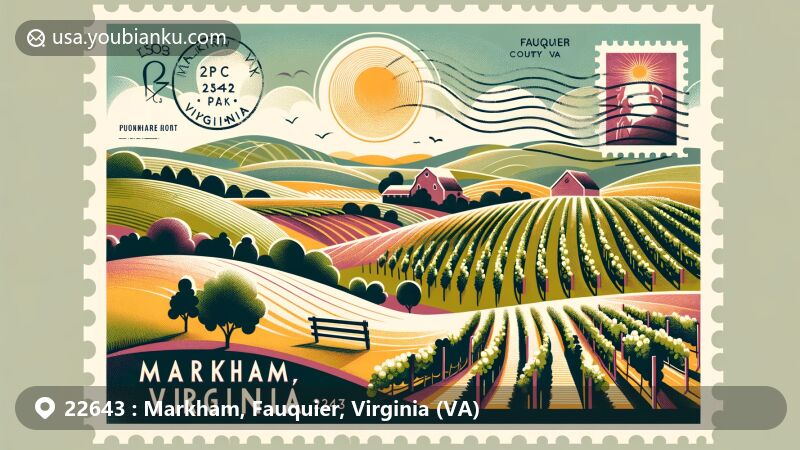 Modern illustration of a vineyard in Markham, Virginia, Fauquier County, with postal elements like a postage stamp and postmark, showcasing ZIP code 22643 and texts 'Markham, VA' and 'Fauquier County, Virginia'.