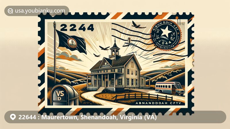Modern interpretation of Maurertown, Shenandoah County, Virginia, showcasing postal theme with ZIP code 22644. Features Virginia state flag, Shenandoah County outline, and Abraham Beydler House. Background includes Shenandoah Valley's natural beauty.
