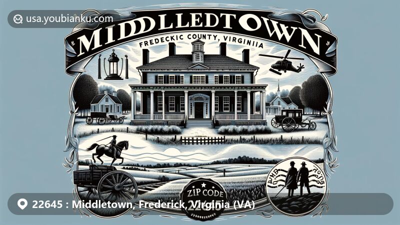 Modern illustration of Belle Grove Plantation and Cedar Creek Battlefield in Middletown, Frederick County, Virginia, showcasing historical and natural beauty with Federal-style mansion and Civil War battlefield, incorporating postmark and stamp elements.